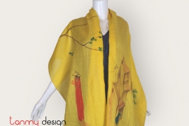 Yellow ramie scarf hand-painted with Old Quarter